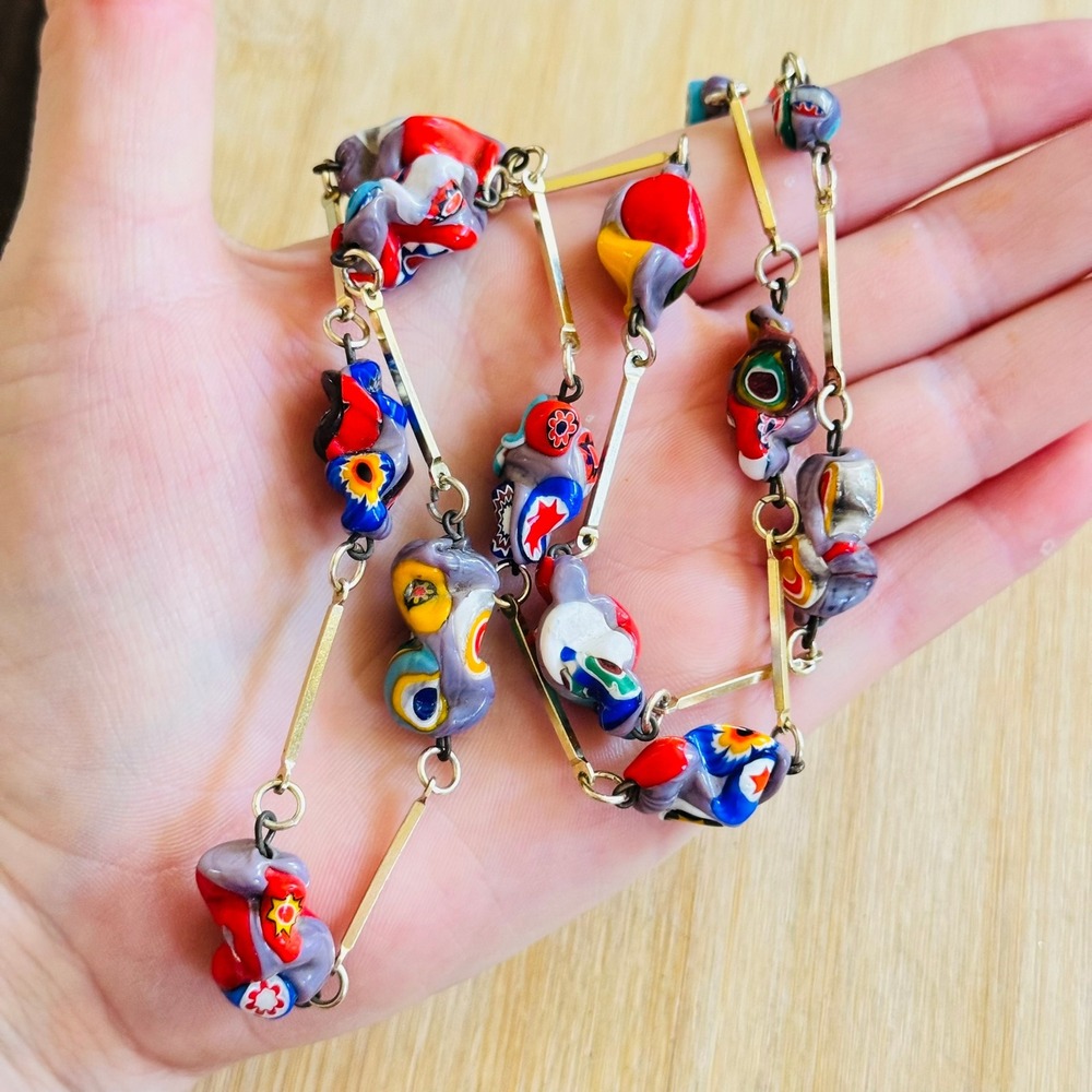 VTG Art Deco Necklace Venetian Glass Murano Millefiori Beads Colorful Italy 29"